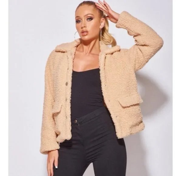 Camel Long Sleeve Collared Teddy Bear Fur Trucker Jacket - Picture 10 of 14